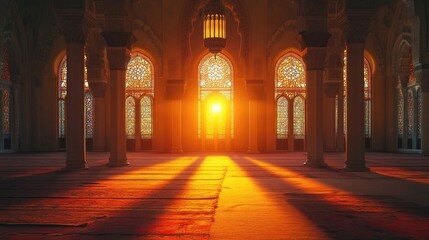 Radiant lantern inside a mosque at sunset, ideal for Ramadan and Eid designs.