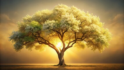 Golden Hour Serenity A Majestic Tree Silhouetted Against a Vibrant Sunset Sky