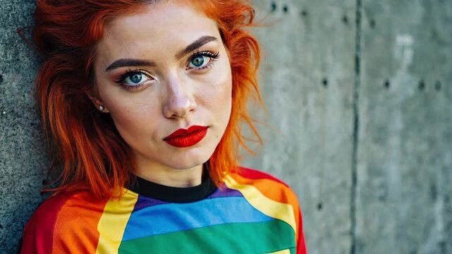 Young Woman with Red Hair Wearing a Rainbow Shirt