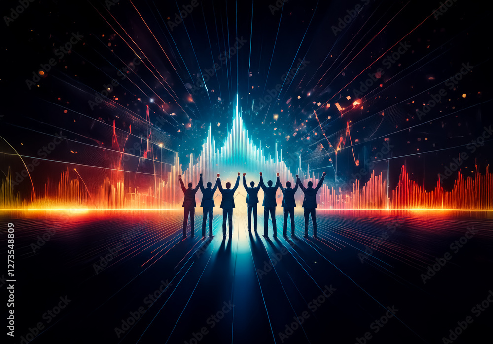 Aufkleber shenzhen, china - unknown date : a team of silhouettes raises their hands triumphantly against a vib
