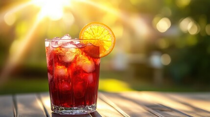 A refreshing glass of iced hibiscus tea garnished with an orange slice, offering a vibrant and healthy drink. Perfect for food blogs, beverage menus, summer promotions, and wellness-themed