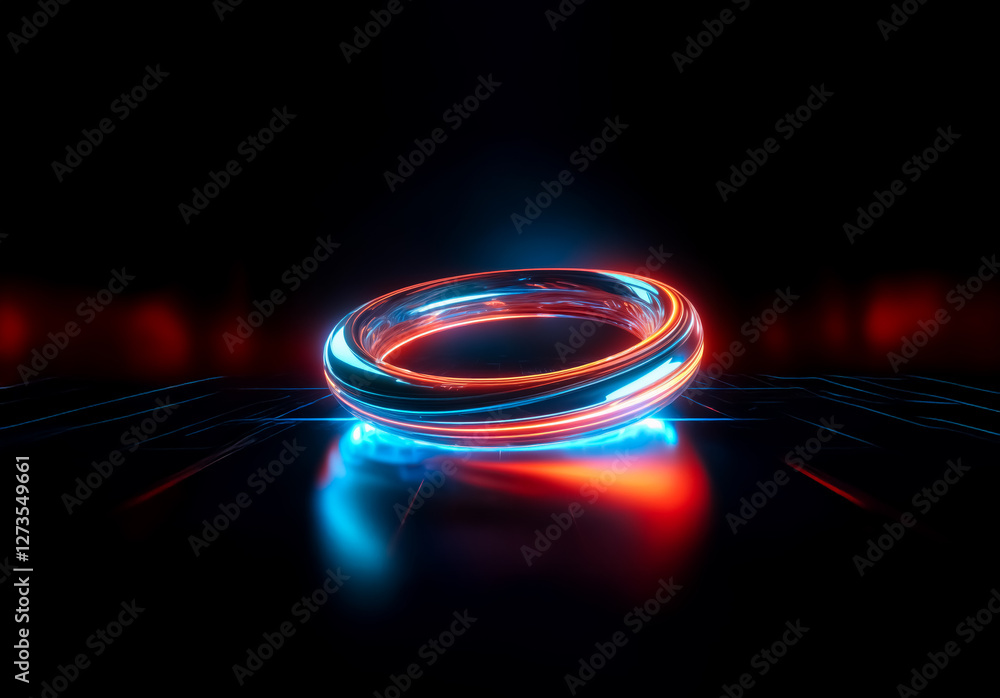 Poster shenzhen, china - unknown date : illuminated ring with blue and orange neon lights reflecting on a d