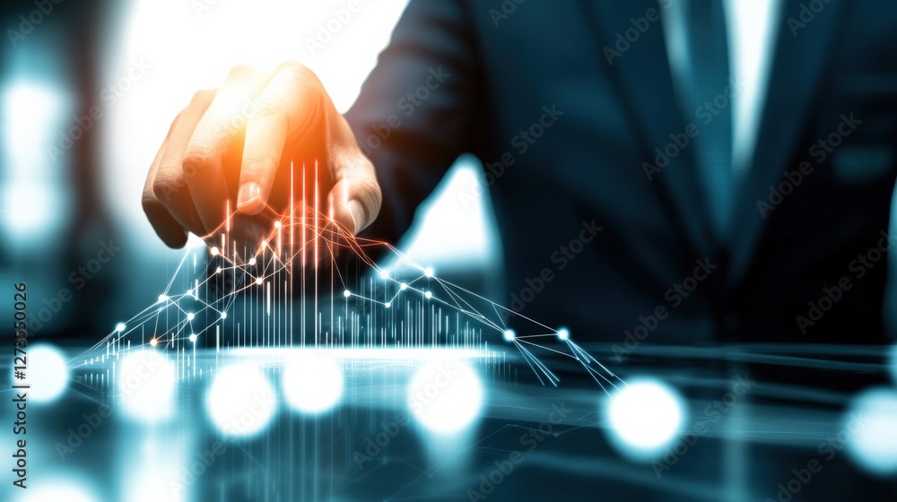 Poster analyzing financial data trends corporate office digital interface high-tech environment close-up vi