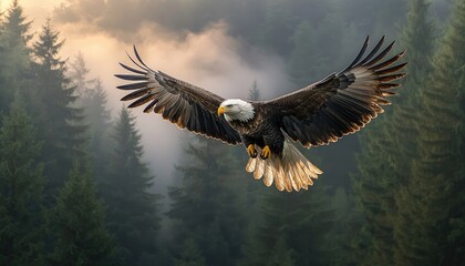 Obraz premium Majestic Bald Eagle Soaring Through Misty Forest