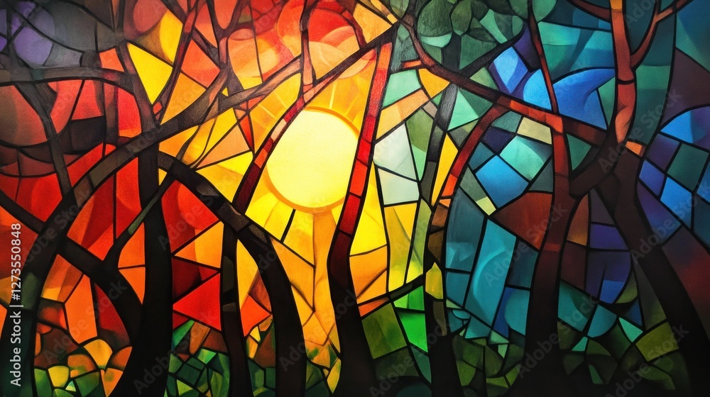Poster abstract forest with light shining through the trees artwork
