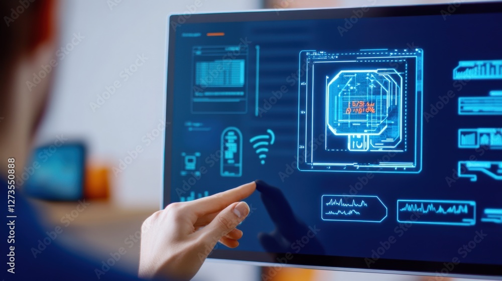 Poster interactive technology demonstration modern office digital interface high-tech environment close-up 