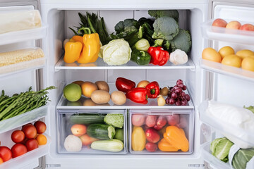 Refrigerator full of fruits and vegetables.