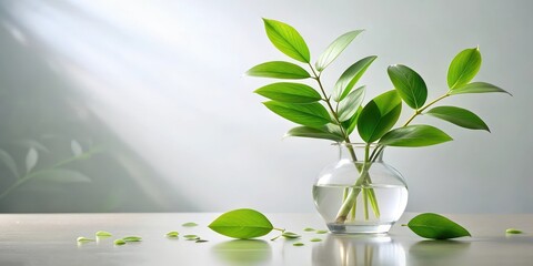 Serene Still Life Lush Green Foliage in a Clear Glass Vase, Sunlight Illuminating a Tranquil Scene