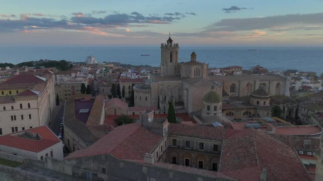 Catedral de Tarragona, Aerial view at Sunset Time with dramatic sky. Coastal City of Tarragona, Catalonia, Spain. 