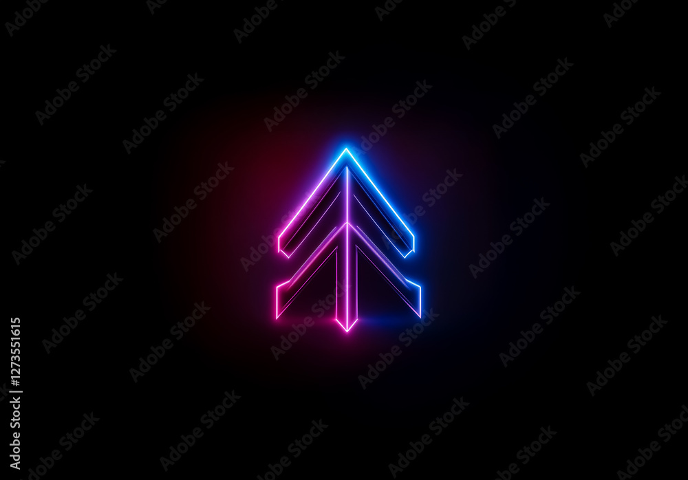 Poster Shenzhen, China - Unknown Date : Neon arrow symbol glows brightly against a dark backdrop.  The upward-pointing design features vibrant blue and pink hues, creating a modern, minimalist abstract graph
