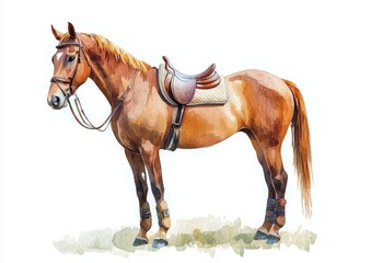 Obraz premium Watercolor Horse in Harness Equine Illustration Animal Art Painting Detail Standing Equestrian Artwork