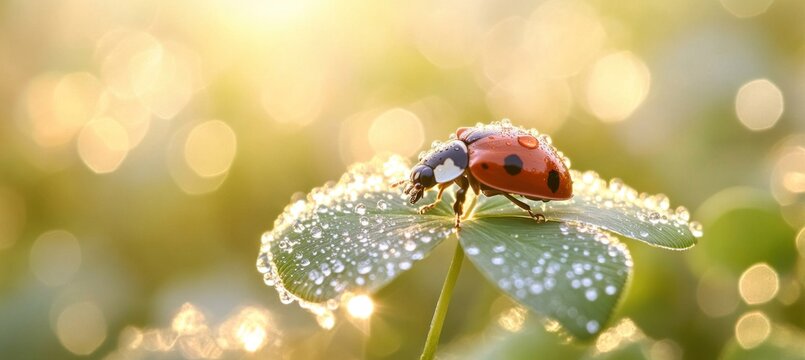 Ladybug walking on dewy clover leaf in morning sunlight