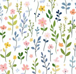 Whimsical Floral Pattern with Delicate Blooms and Pastel Hues against a White Background Design