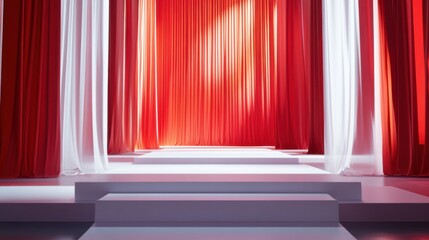 An inaugural ceremony stage with a grand red curtain backdrop. Featuring excitement and prestige