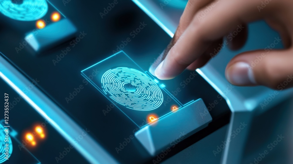Poster futuristic fingerprint scanning technology high-tech lab digital interface modern environment close-