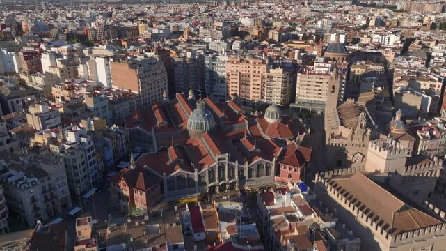 Valencia Old Town, Aerial drone Shot in the morning dawn of Central Market, Mercat Central de Valencia, Spain.