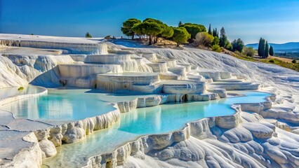 Fototapeta premium Pamukkale's white calcium terraces: a stunning horizontal wave pattern close-up. Pure Turkish beauty.