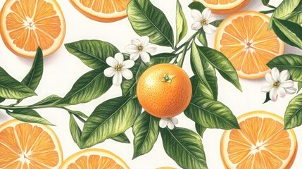 A close-up hand-drawn sketch of an orange branch with vibrant green leaves, fragrant blossoms, and a single ripe orange. 