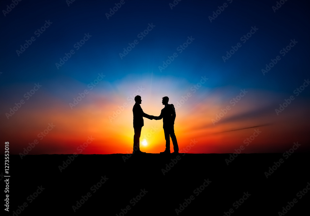 Poster shenzhen, china - unknown date : silhouetted figures shake hands in agreement against a vibrant grad