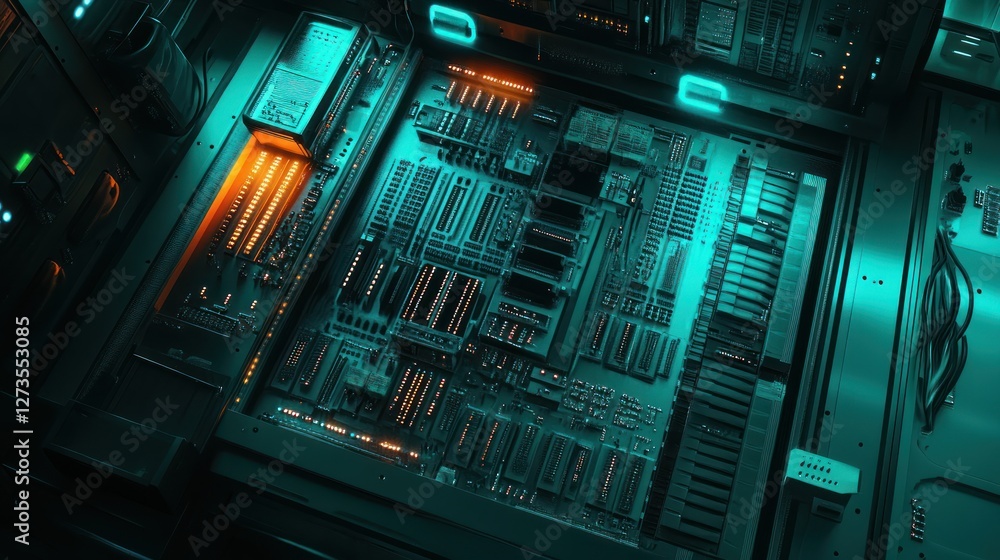 Poster a glimmering glimpse into the core of futuristic technology: intricate circuitry and neon hues in a 