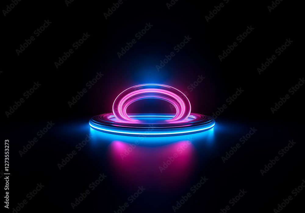 Aufkleber shenzhen, china - unknown date : a luminous neon ring and platform emanate vibrant pink and blue lig