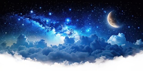 Naklejka premium Celestial Night Sky with Crescent Moon and Clouds