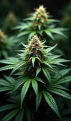 Close-up of a ripe cannabis plant with lush green leaves and abundant buds, perfect for articles and marketing materials in the cannabis industry.