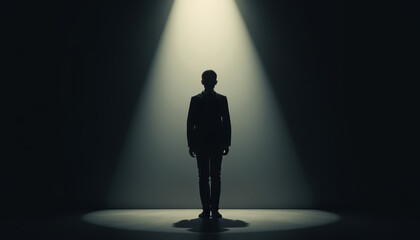 Obraz premium Silhouetted figure standing in spotlight against dark background