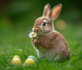 A fluffy rabbit joyfully holds a daisy flower amidst colorful Easter eggs on green grass.