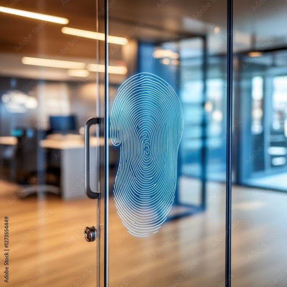Poster modern office security innovative fingerprint access control corporate workspace digital technology 