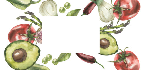 Vegan food frame with watercolor avocado, tomato, onion, pepper and bay leaves illustration. Isolated vegetables banner with copy space for vegan poster, menu,placemat design. Wallpaper, healthy food