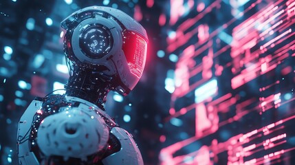 Futuristic ai chatbot with 3d robot programming digital interface in cyber metaverse background