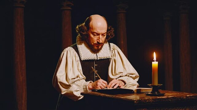 A dimly lit video scene captures a historical figure writing by candlelight. The low-angle shot emphasizes the period costume and setting.