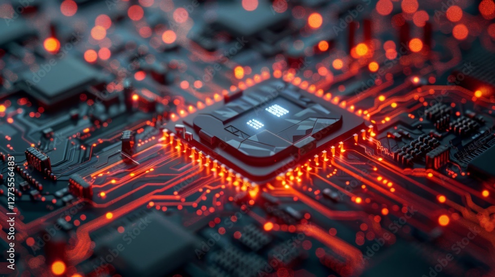 Poster exploring the intricate design of a glowing circuit board highlighting advanced ai technology and cy
