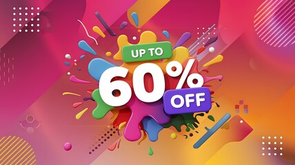 Up to 60% Off Sale Banner, Colorful 3D Abstract Design
