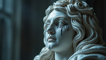 Sad statue with dripping tears against dark background