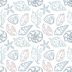 Underwater seamless pattern with seashell in line art style. Summer ocean, sea beach print for background, textile, fabric, card, seafood store, delivery on a white background.