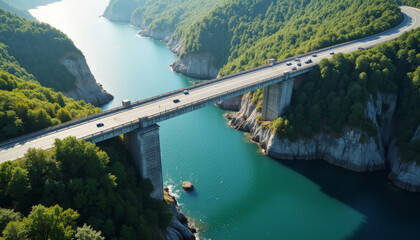 Aerial view of bridge over turquoise river surrounded by greenery