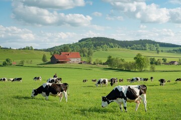 Fototapeta premium Dairy cows grazing in a beautiful countryside landscape rural area photography green fields wide angle view emphasizing dairy farming's harmony with nature