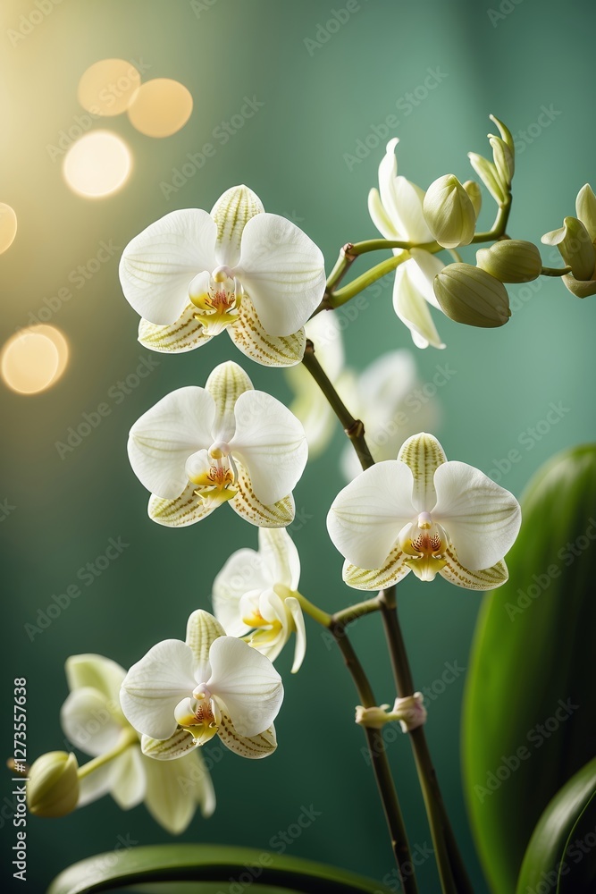 Poster white orchids with delicate patterns illuminated by soft light in a serene setting