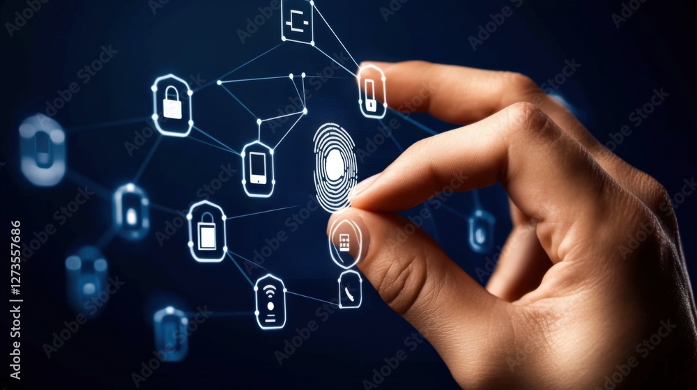 Poster exploring digital security hand interacting with technology icons virtual space infographic cybersec
