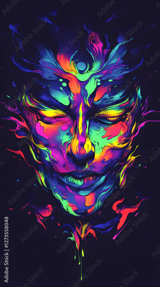 Poster colorful distorted human face melting with psychedelic patterns, blending surreal visual transformat