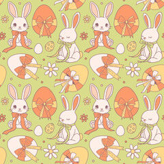 Easter seamless pattern with rabbit bunny, eggs with coquette bows for greeting card, banners, web, wrapping paper, fashion, fabric, textile, wallpaper, cover. Contour vector illustration,