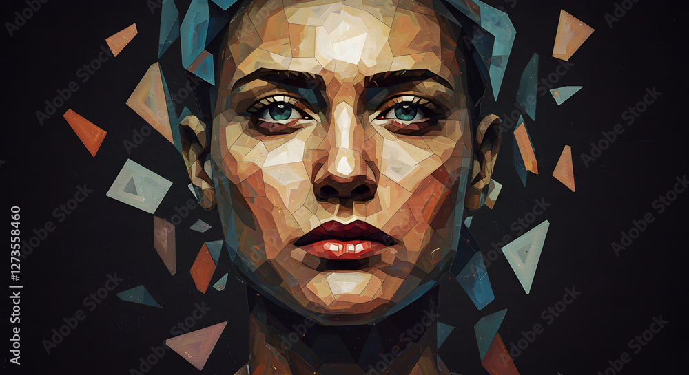 Wall mural abstract portrait face fragmented and distorted artistic expression conceptual art