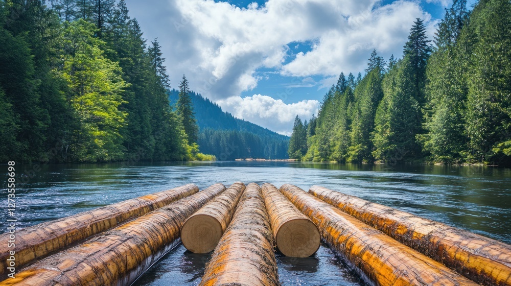 Aufkleber Log raft floats on a river surrounded by green trees