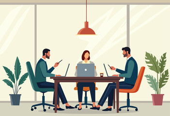Three people are working together in an office setting, with two of them using laptops and one using a cell phone. Flat vector illustration