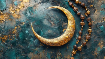 Ramadan Kareem background with a golden crescent moon, Islamic rosary beads, and dates.