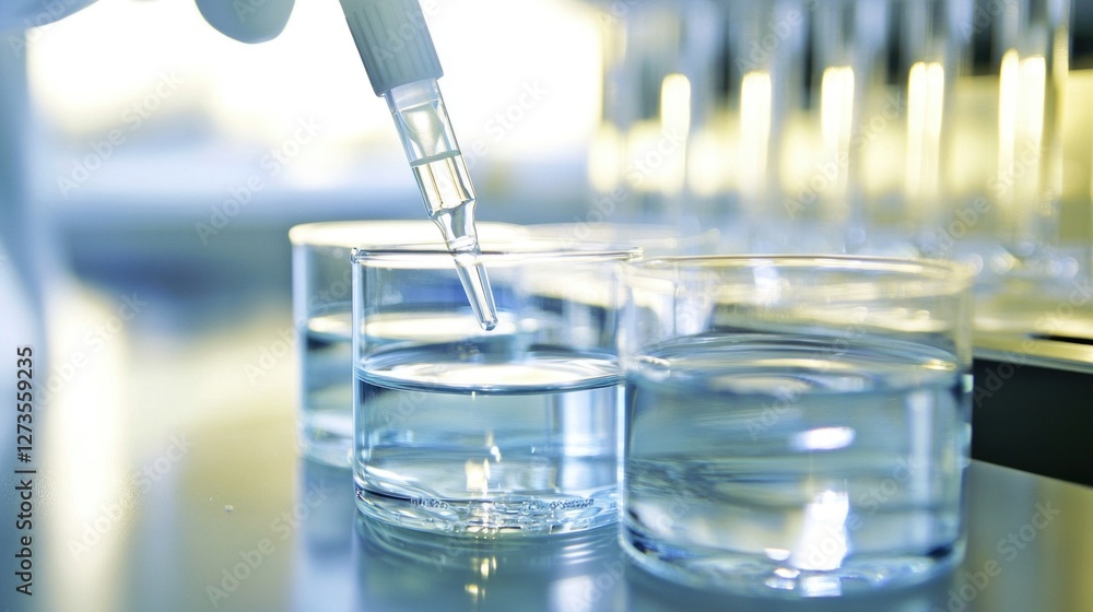 Poster scientist dropping liquid with pipette in laboratory glassware during experiment