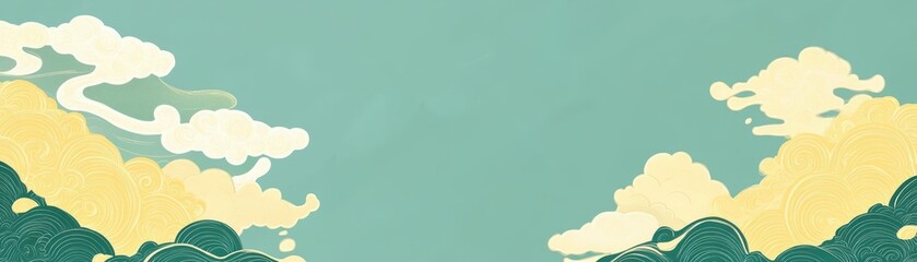 Stylized Japanese cloud motifs in soft yellow and jade green, minimal and elegant traditional backdrop