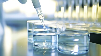 Scientist dropping liquid with pipette in laboratory glassware during experiment
